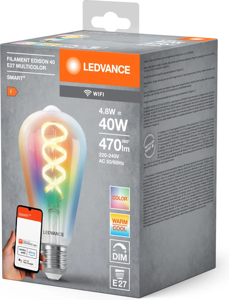 LEDVANCE SMART+ WIFI LED Lamp E27 4.8W 470lm RGBW - 4 Stuks - afbeelding 4 van 6