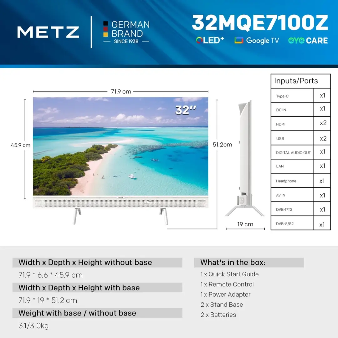 Metz Lifestyle 32MQE7100Z QLED+ Smart TV 32 inch - Wit