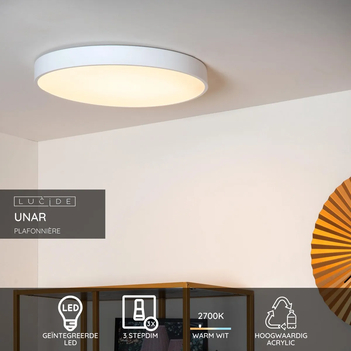 Lucide UNAR Plafondlamp Ø49,5cm LED 3 StepDim 36W 2700K - Wit