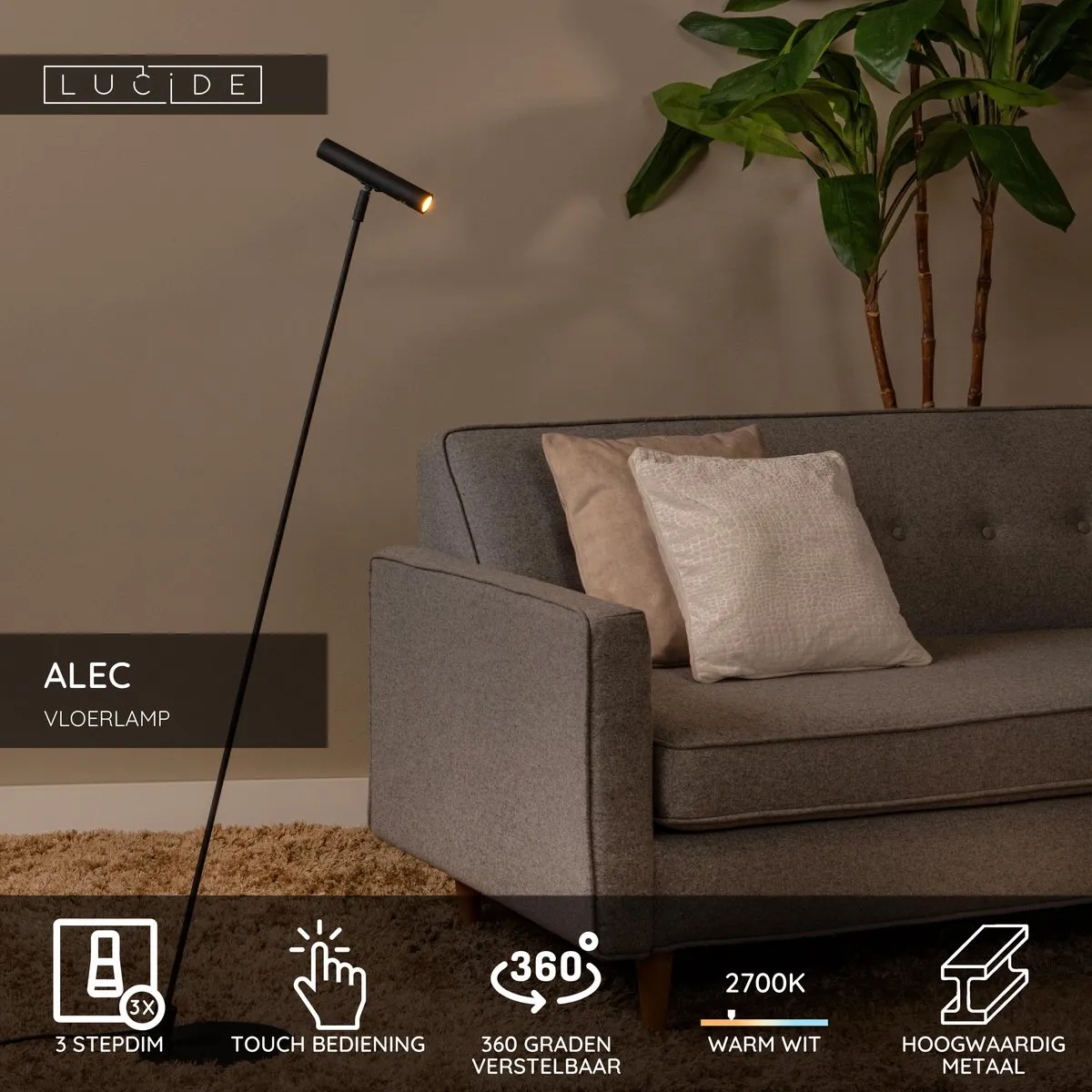 Lucide Alec Vloerlamp LED 3 StepDim G9 1x3W 2700K - Zwart
