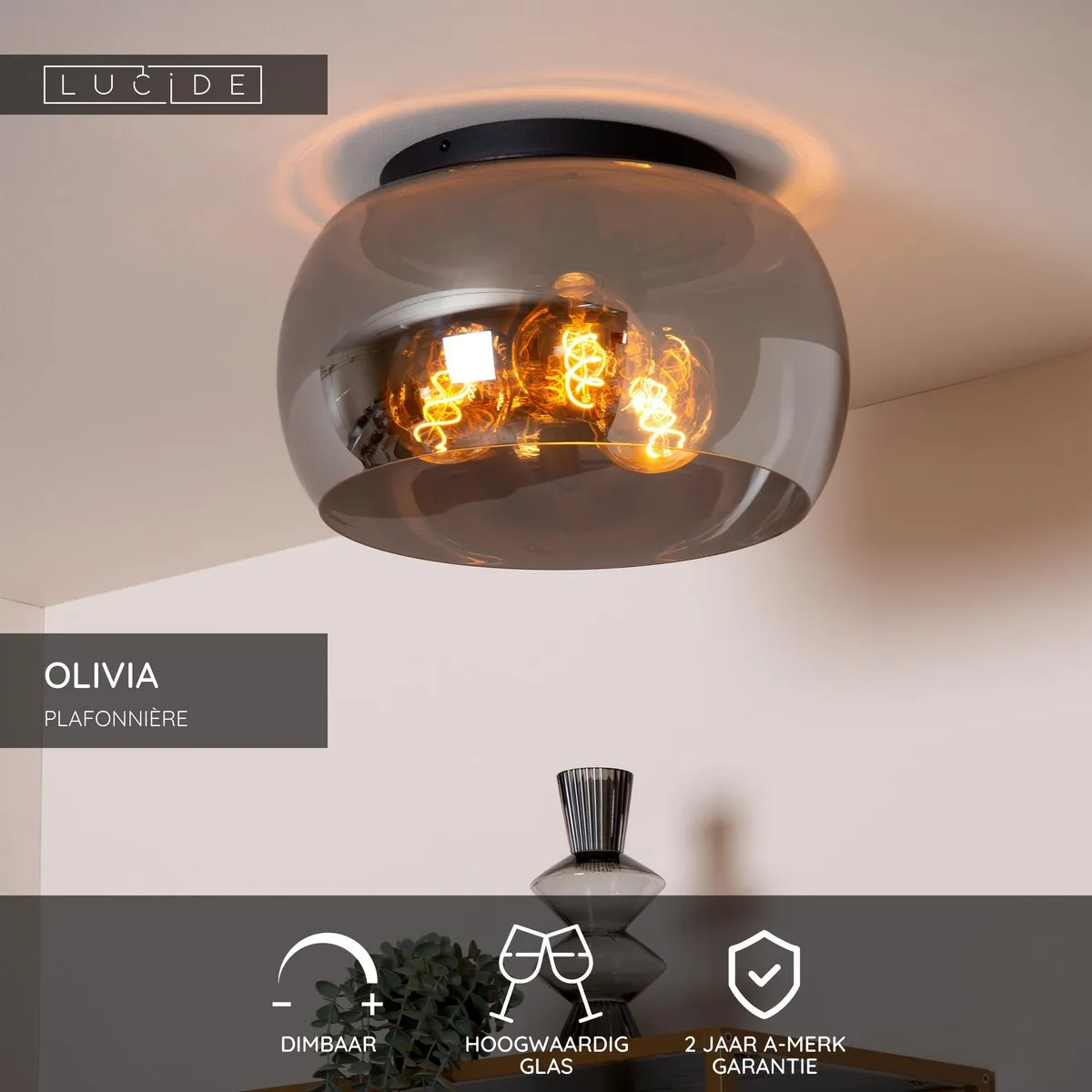 Lucide Olivia Plafondlamp Ø40cm - 3xE27 Fumé