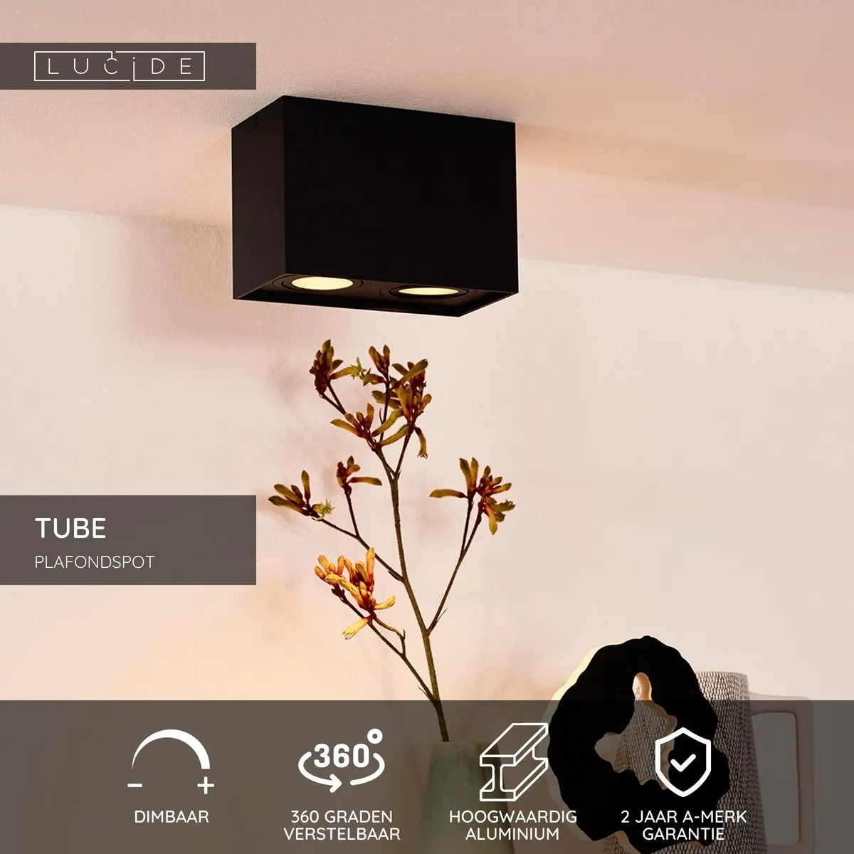 Lucide TUBE Plafondspot 2xGU10 - Zwart