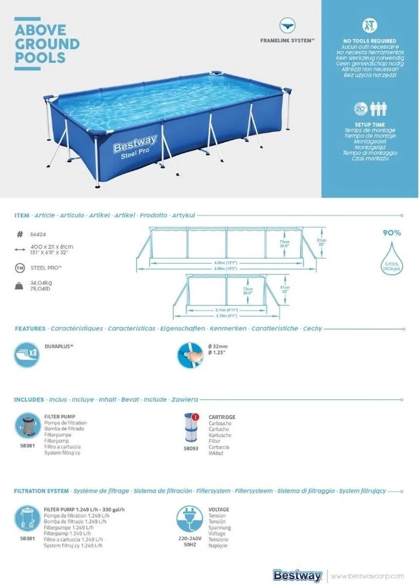 Bestway Fam. Splash Frame Zwembad 400x211x81cm - 5700L - Blauw/Wit - afbeelding 6 van 6