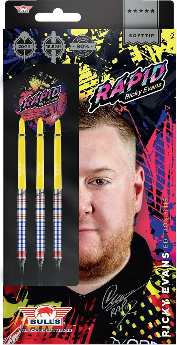 Bull's Ricky Evans Softtip Dartpijlen 90% Tungsten 20g - Geel Blauw - afbeelding 6 van 6