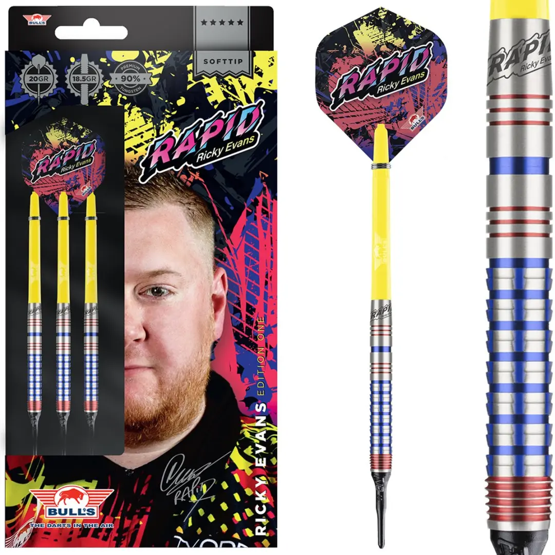 Bull's Ricky Evans Softtip Dartpijlen 90% Tungsten 20g - Geel Blauw