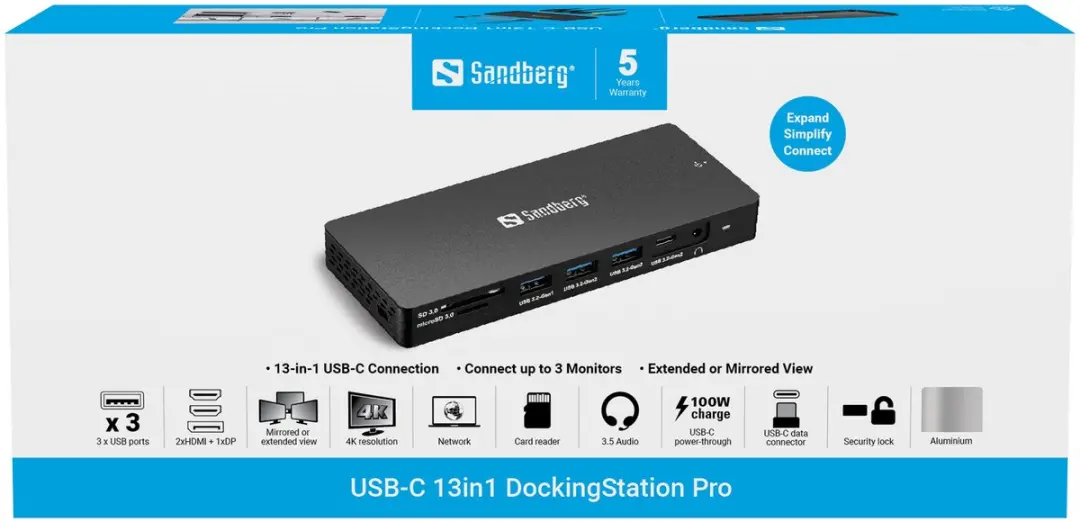 Sandberg 136-61 Laptopdock & Poortreplicator - USB 3.2 Gen 1 - Grijs