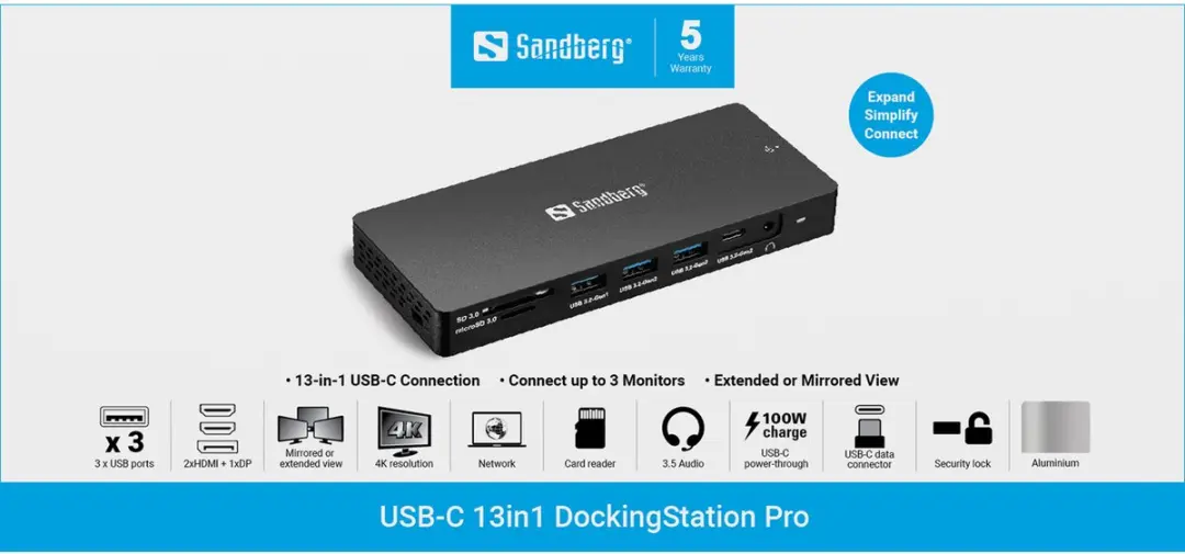 Sandberg 136-61 Laptopdock & Poortreplicator - USB 3.2 Gen 1 - Grijs