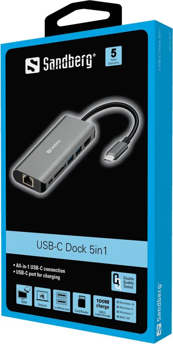 Sandberg 136-18 USB-C Dock - 61W - Grijs