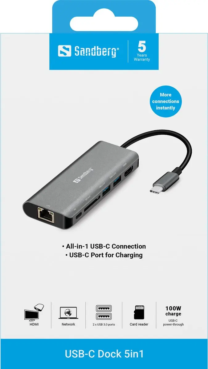 Sandberg 136-18 USB-C Dock - 61W - Grijs