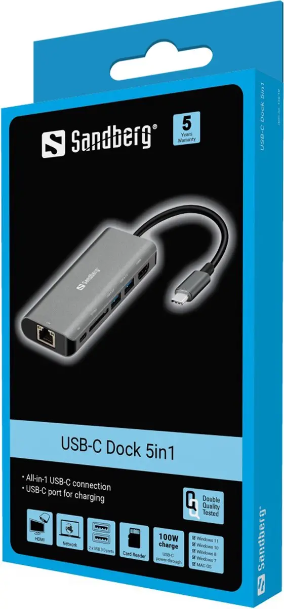 Sandberg 136-18 USB-C Dock - 61W - Grijs - afbeelding 6 van 6