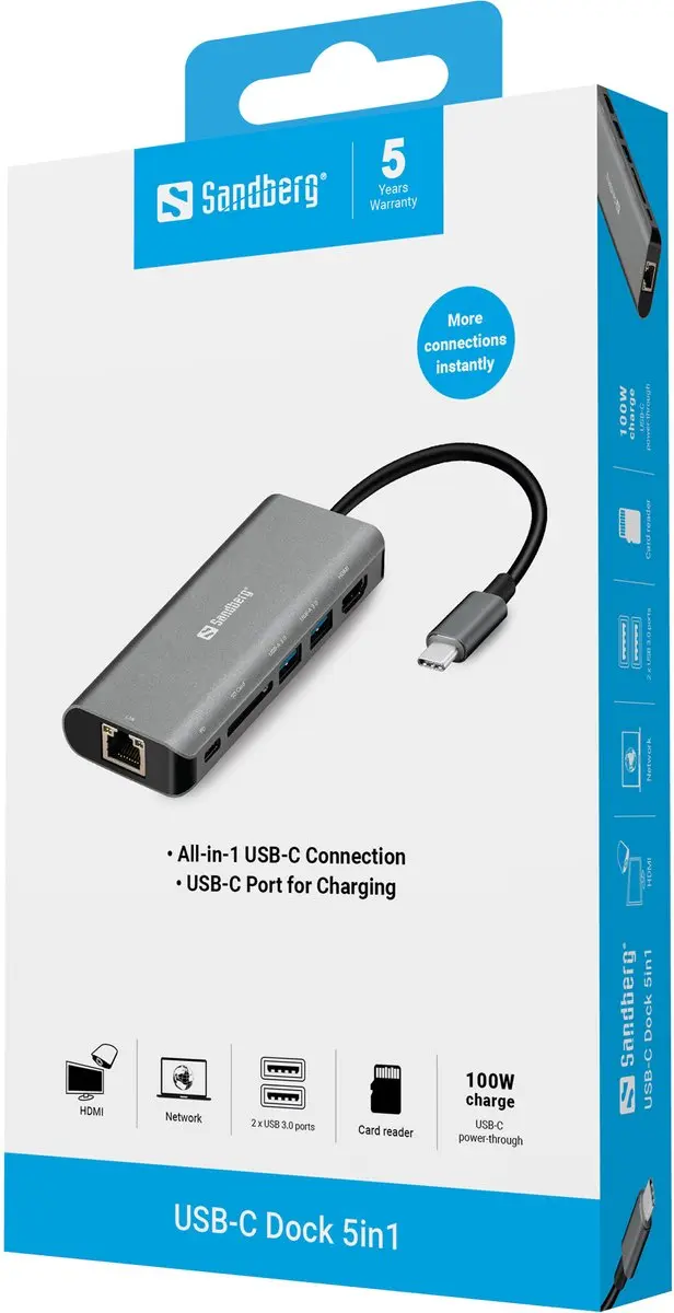 Sandberg 136-18 USB-C Dock - 61W - Grijs