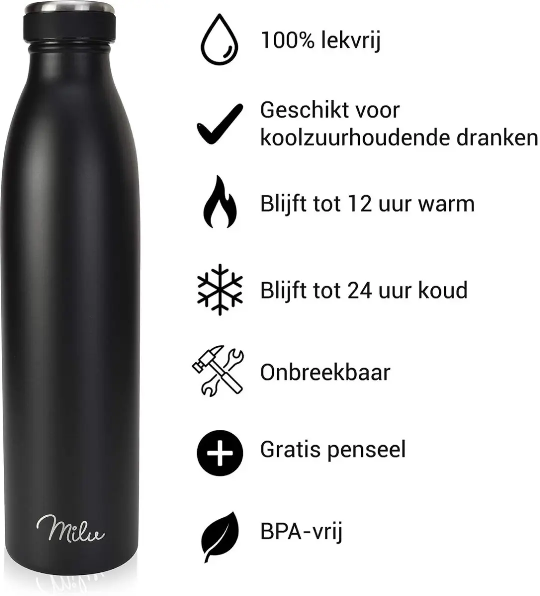 Milu Geïsoleerde Thermosfles 750ml - Zwart