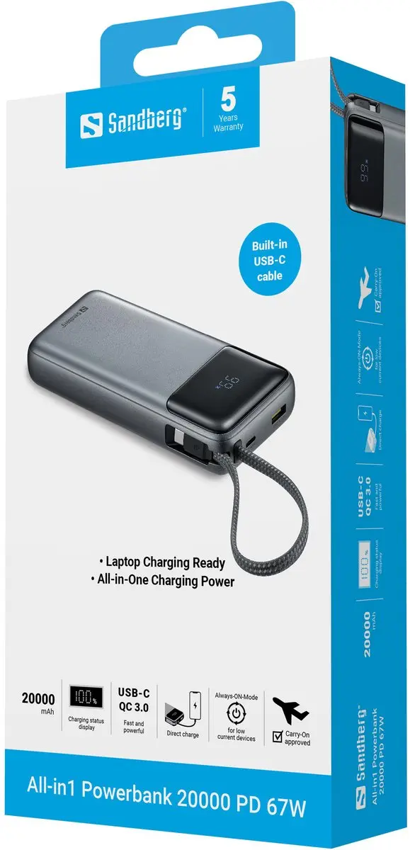 Sandberg All-in1 Powerbank 20000mAh 67W - 421-29 - Zwart/Grijs