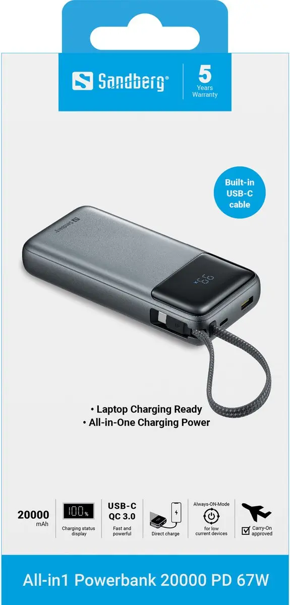 Sandberg All-in1 Powerbank 20000mAh 67W - 421-29 - Zwart/Grijs