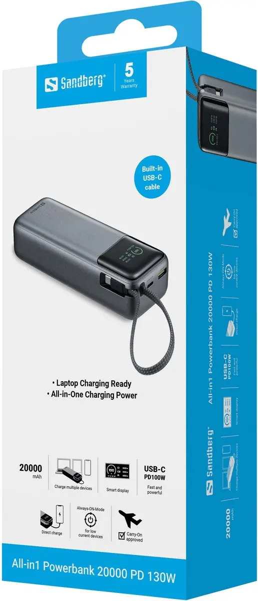 Sandberg All-in1 Powerbank 20000mAh 130W - 421-30 - Zwart/Grijs