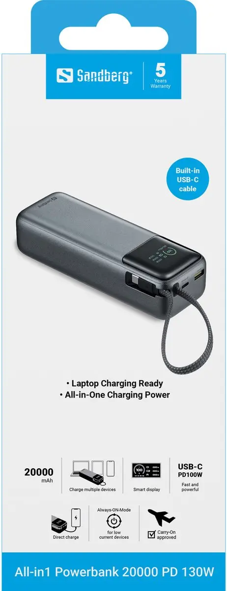Sandberg All-in1 Powerbank 20000mAh 130W - 421-30 - Zwart/Grijs