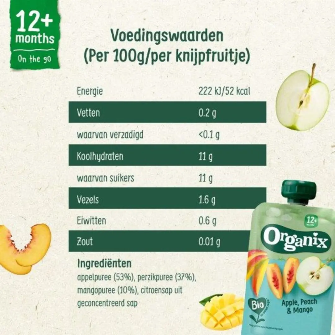 Organix Knijpfruit Appel Perzik Mango 100g - 6x