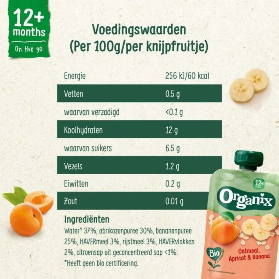 Organix Knijpfruit Havermout Abrikoos & Banaan 100g - 6 Stuks
