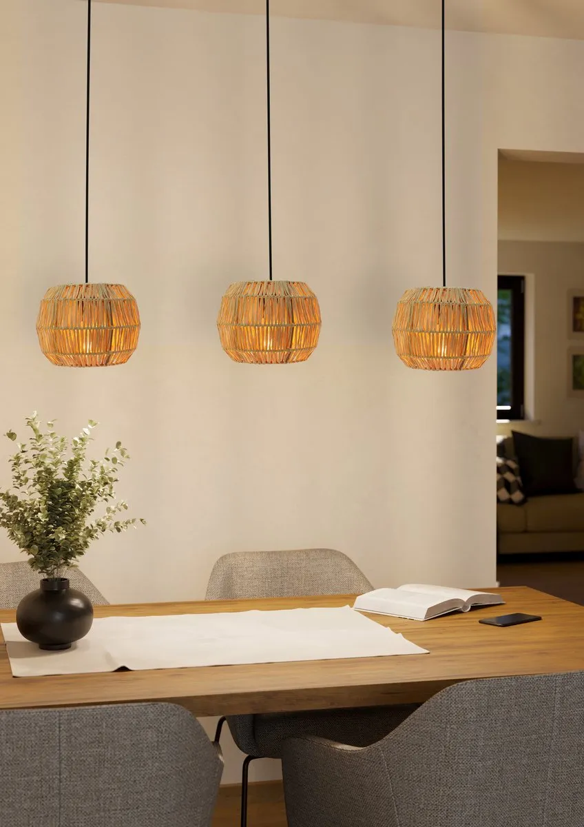 Eglo Sheldon Hanglamp E27 - 3 Lichtpunten - Zwart/Natuurlijk/Bruin