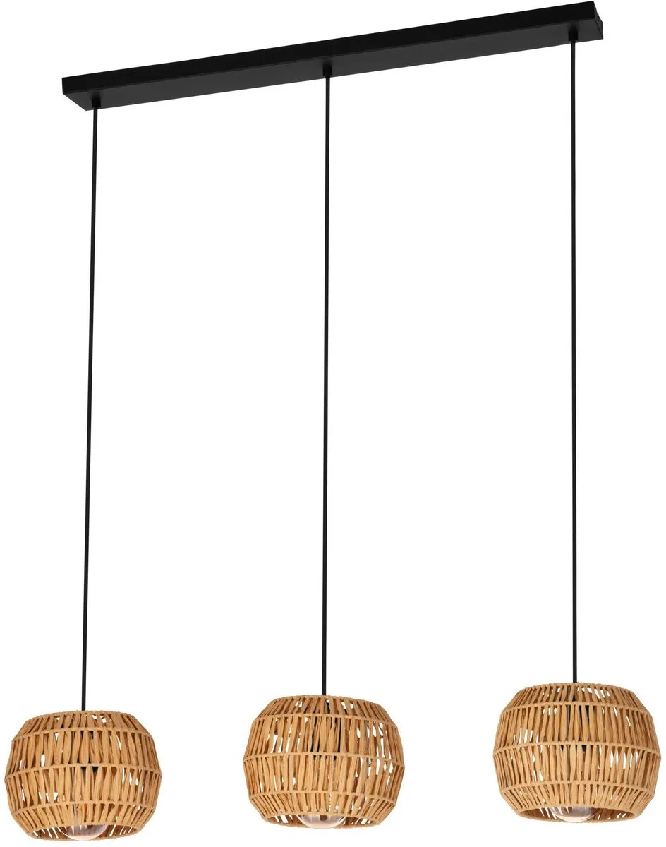 Eglo Sheldon Hanglamp E27 - 3 Lichtpunten - Zwart/Natuurlijk/Bruin