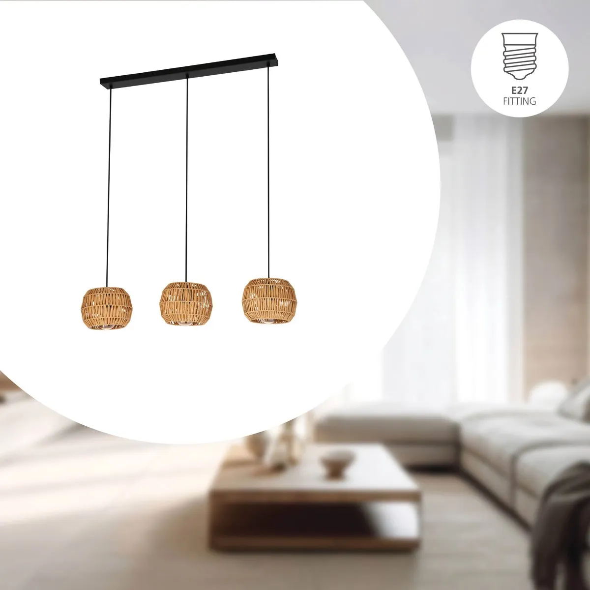 Eglo Sheldon Hanglamp E27 - 3 Lichtpunten - Zwart/Natuurlijk/Bruin
