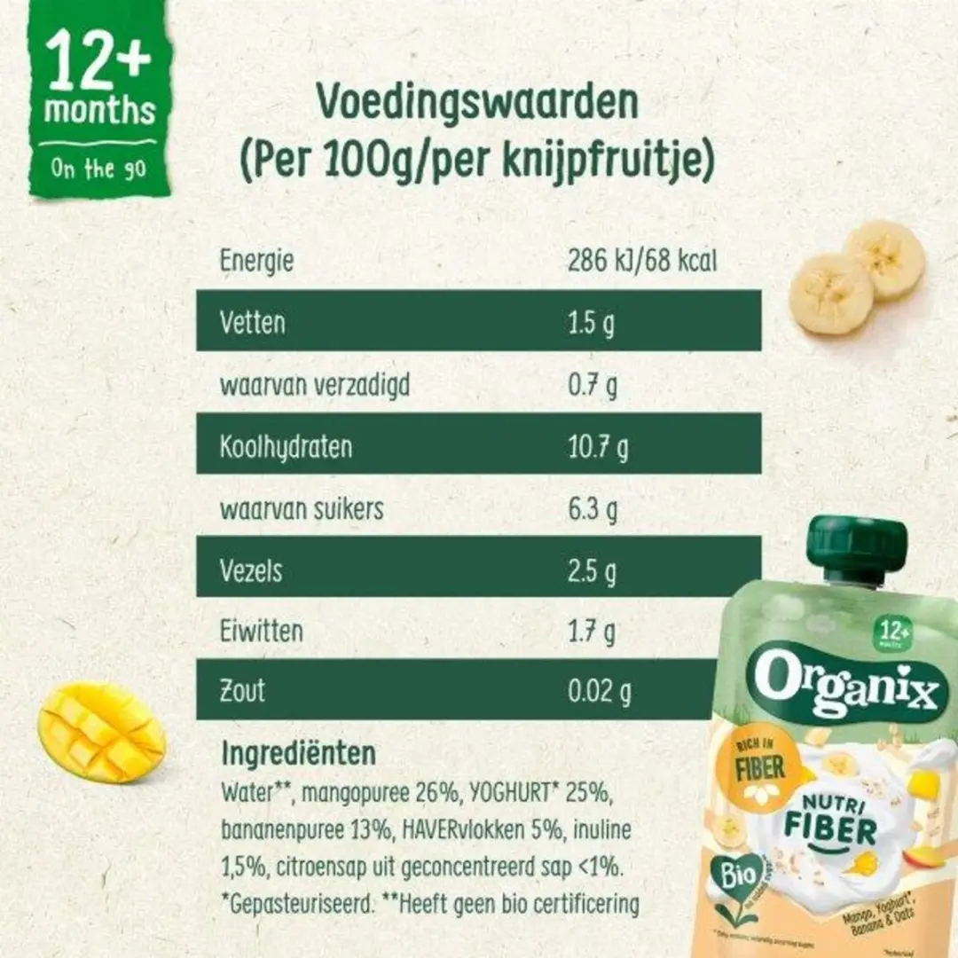 Organix Knijpfruit Nutri Fiber Mango Yoghurt Banaan 6x100g