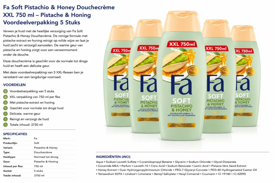 Fa Soft Douchecrème Pistache & Honing 750ml - 5 Stuks
