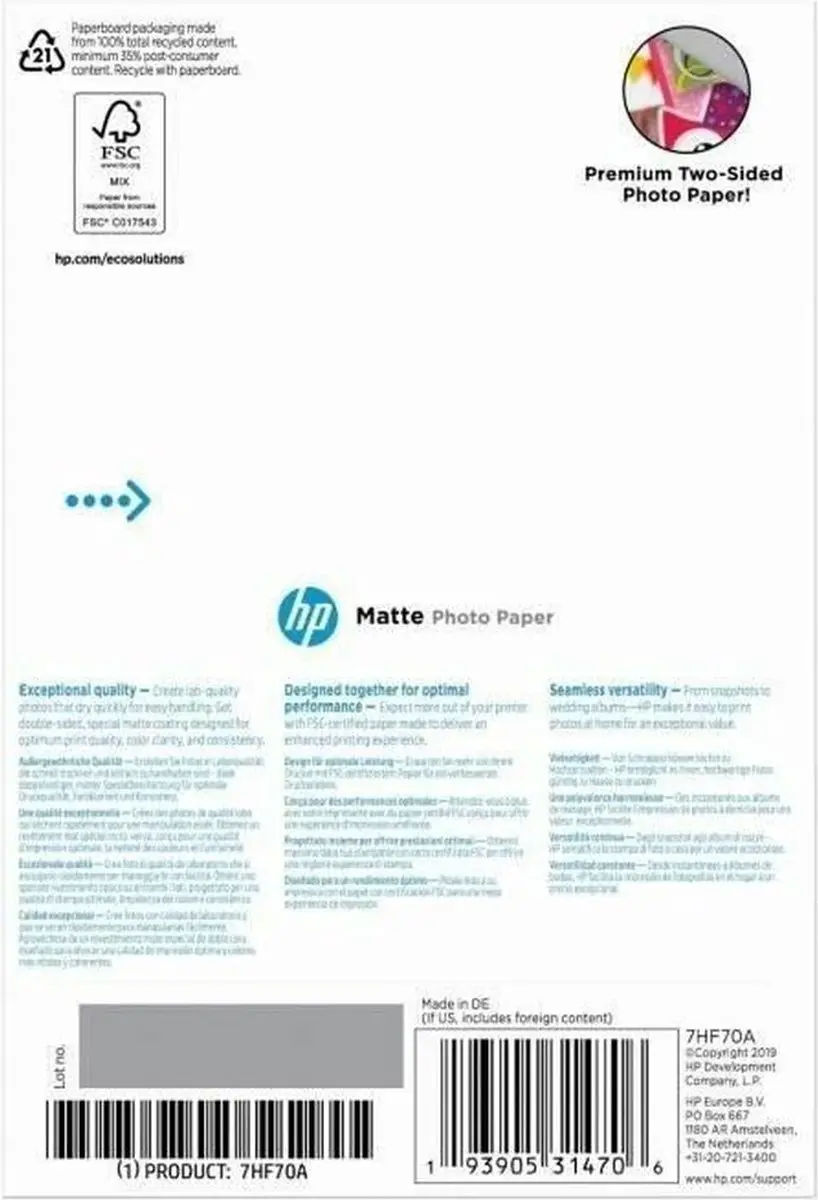 HP Mat Fotopapier 180 g/m² 10x15cm - 25 Vel - 7HF70A