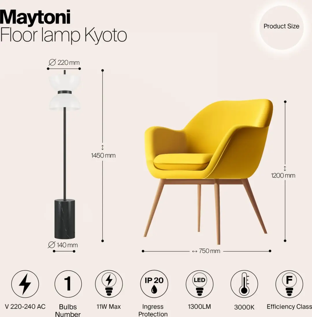 Maytoni Kyoto Vloerlamp - Zwart - Ø22cm 3000K