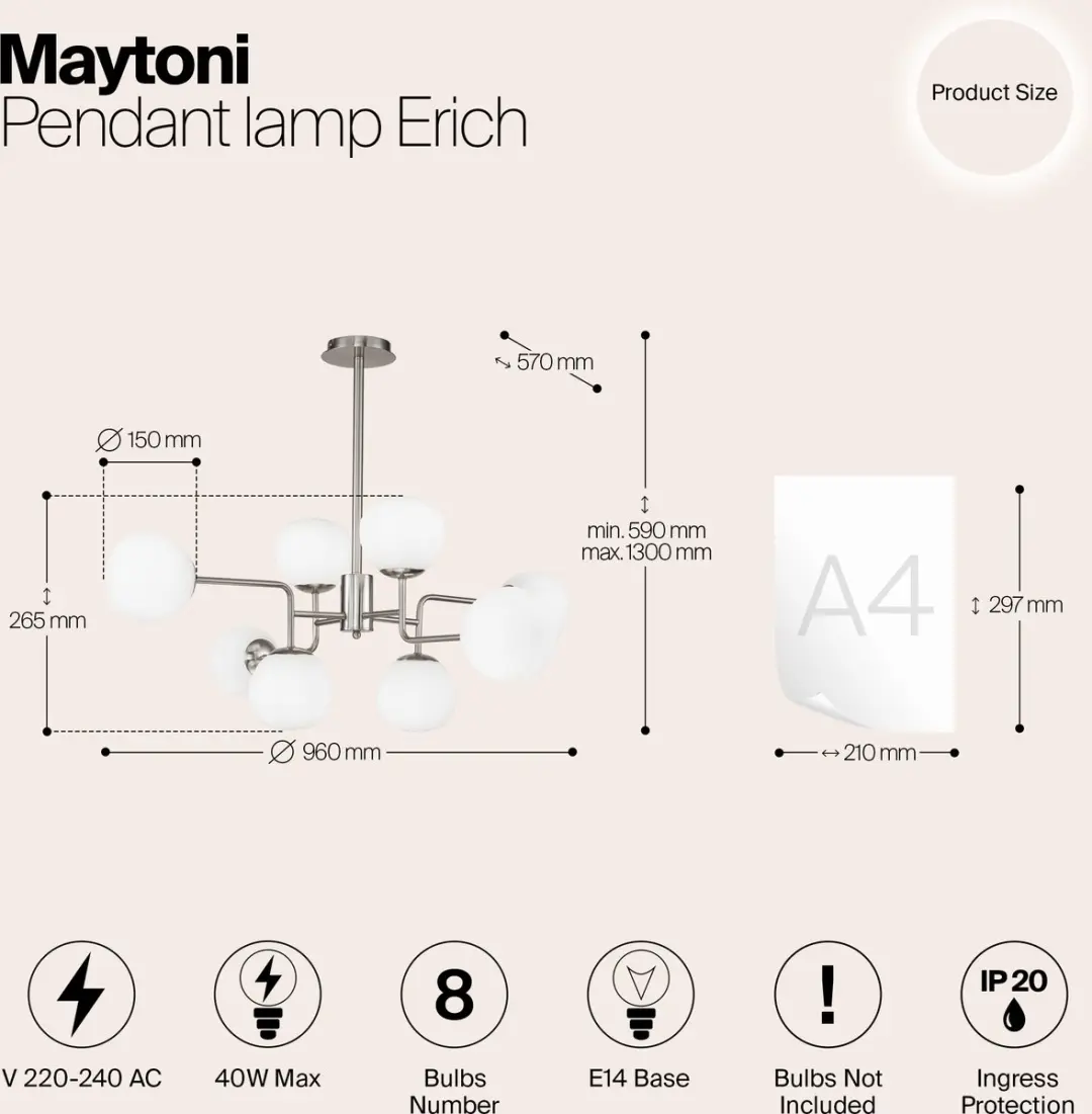 Maytoni Erich Hanglamp - 8x40W - Zilver
