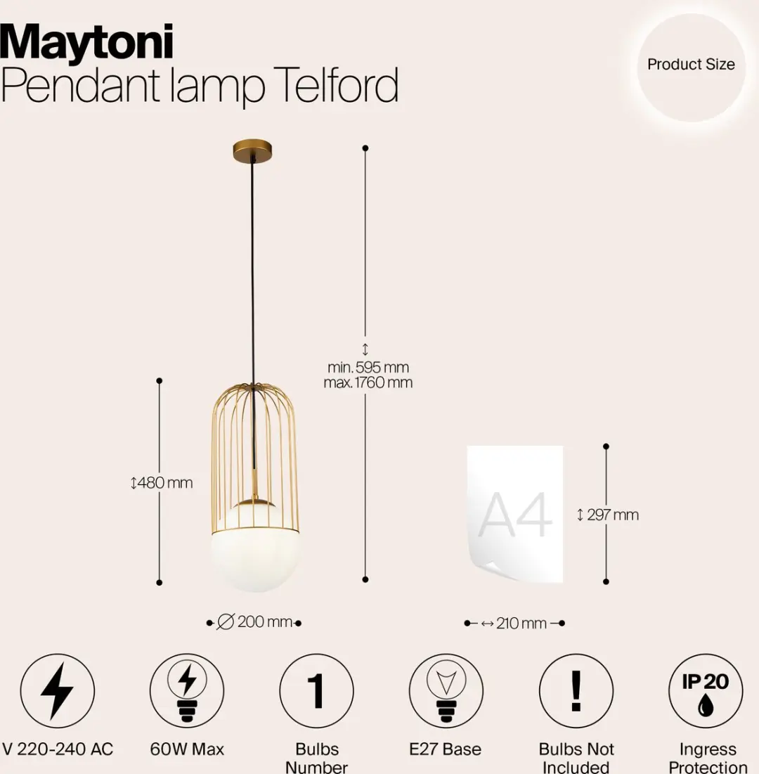 Maytoni Telford Hanglamp - Goud - Ø20cm
