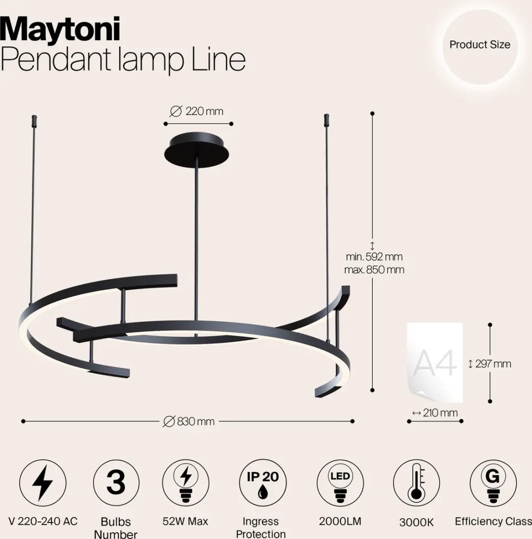Maytoni Hanglamp Line Zwart - 3x52W - Ø83cm