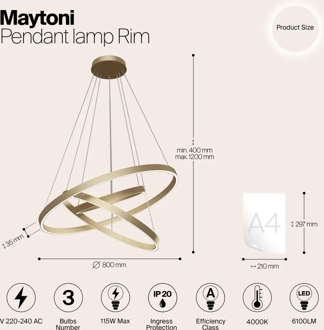 Maytoni Rim Hanglamp - 3x115W Messing Ø80cm