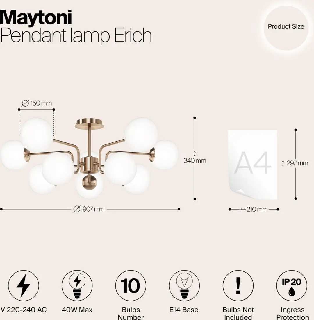 Maytoni Erich Hanglamp - Messing - Ø90,7cm - 10 Lichtpunten