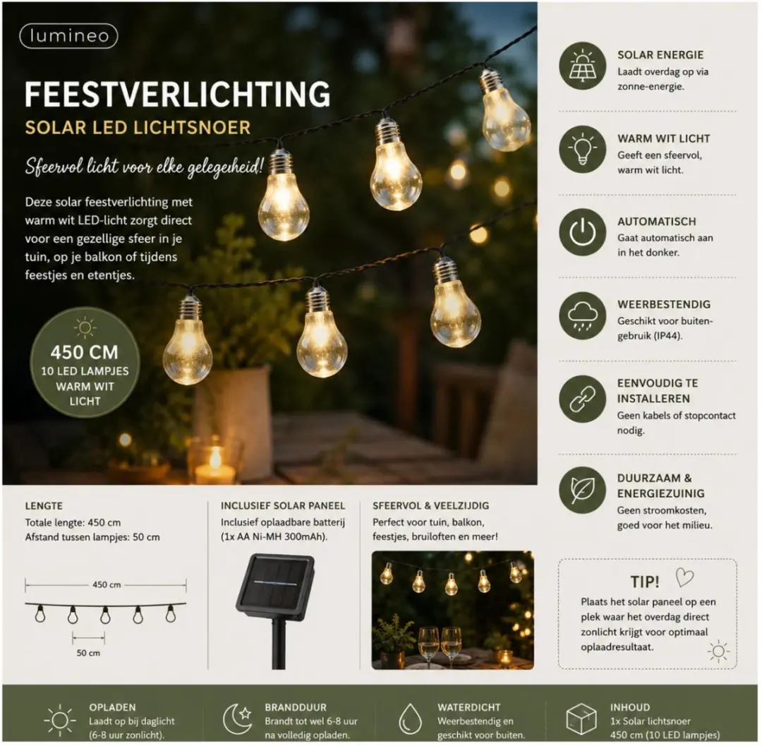 Lumineo Feestverlichting 450cm - 10 LED - Ø6cm - Warm wit