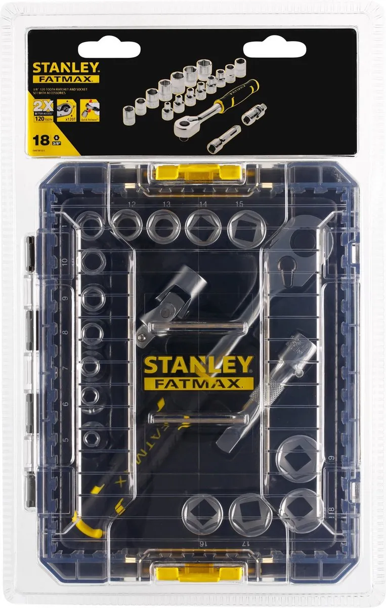 Stanley FatMax PRO-STACK Doppenset 3/8" 18-delig - Geel/Zwart/Zilver