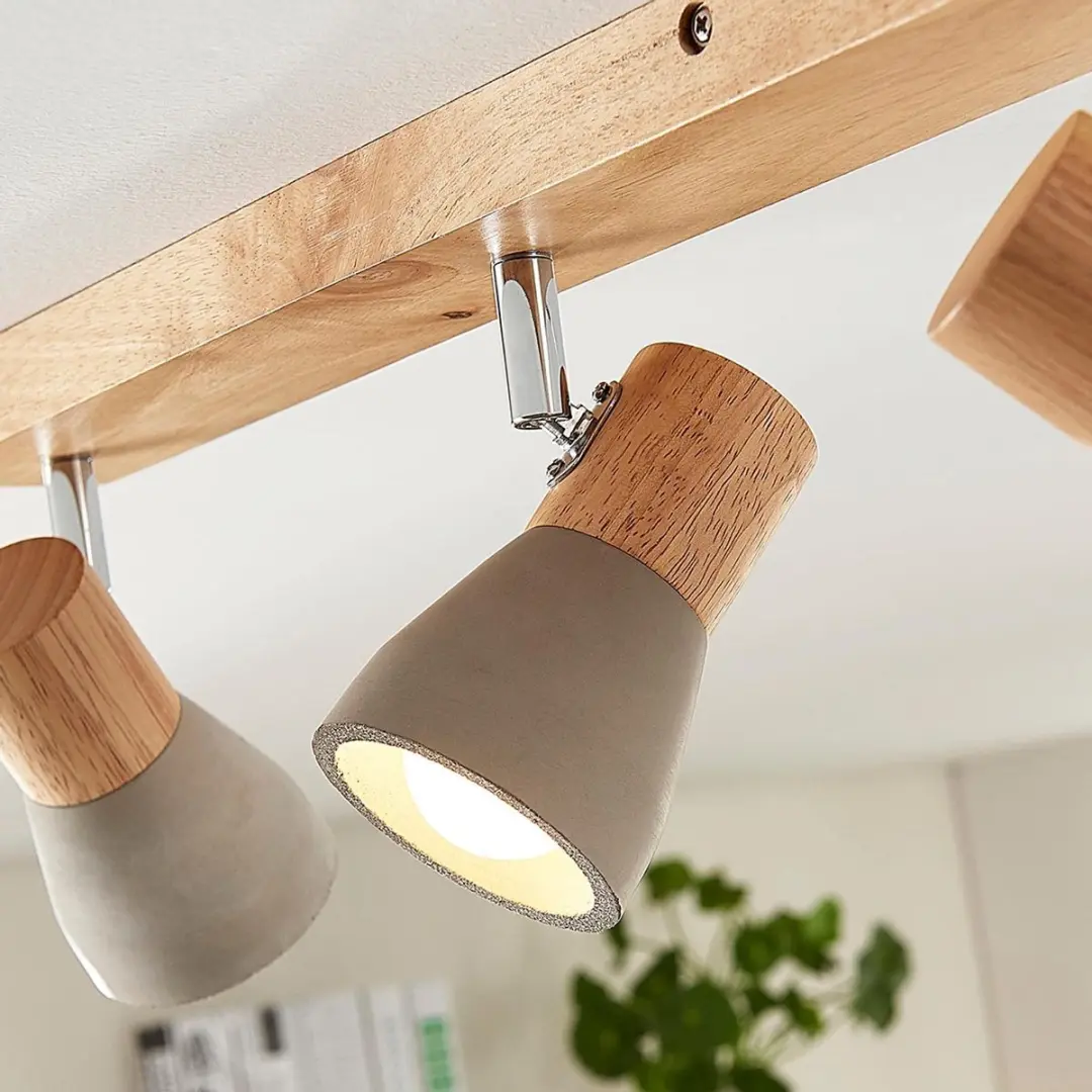 Lindby 4-lichts Spot - Beton/Hout/Metalen - Ø7,2cm - E14 - Betongrijs/Lichthout/Gesatineerd nikkel