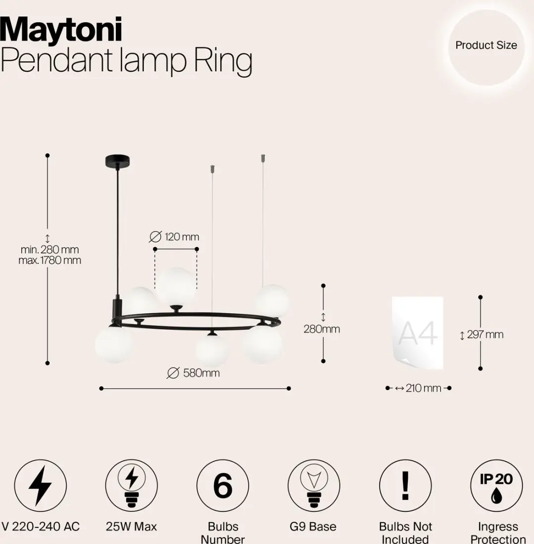 Maytoni Ring Hanglamp - 6x25W - Ø58cm - Zwart