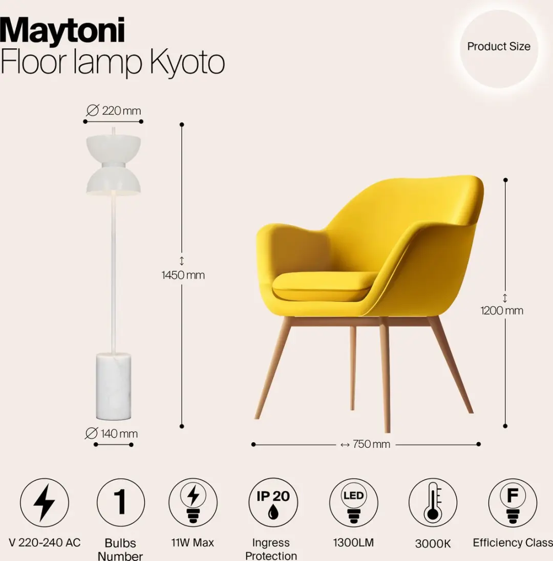 Maytoni Kyoto Vloerlamp - Wit 3000K Ø22cm - afbeelding 6 van 6