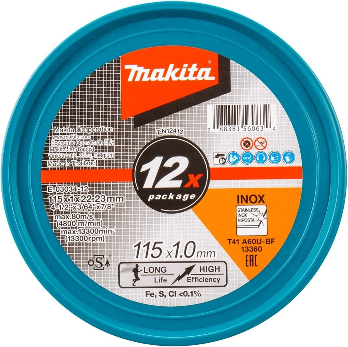 Makita E-03034 Doorslijpschijf RVS 115x22,23x1,0mm - 12 Stuks
