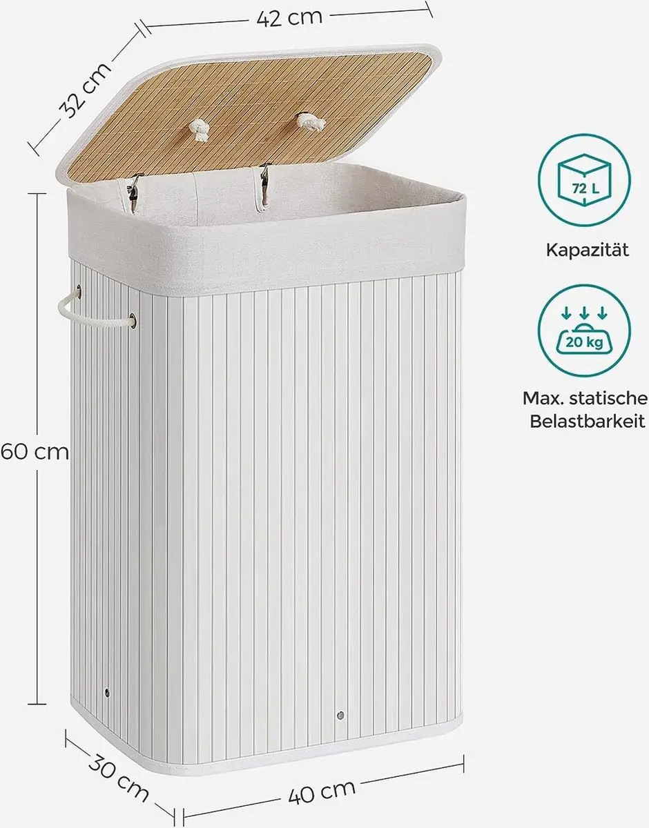 Songmics Wasmand met deksel LCB010W01 - 72L - Bamboe - Wit