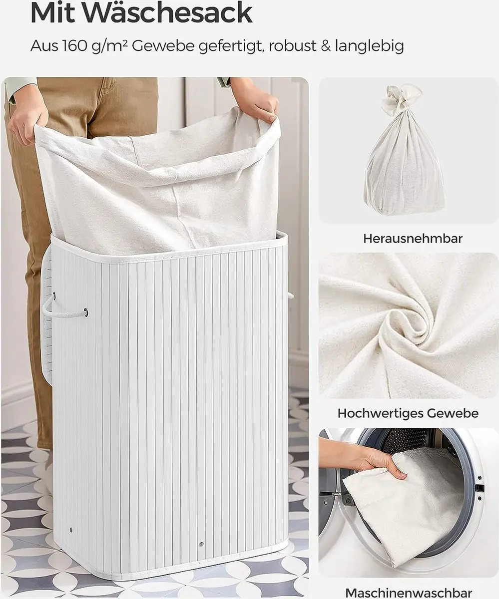 Songmics Wasmand met deksel LCB010W01 - 72L - Bamboe - Wit