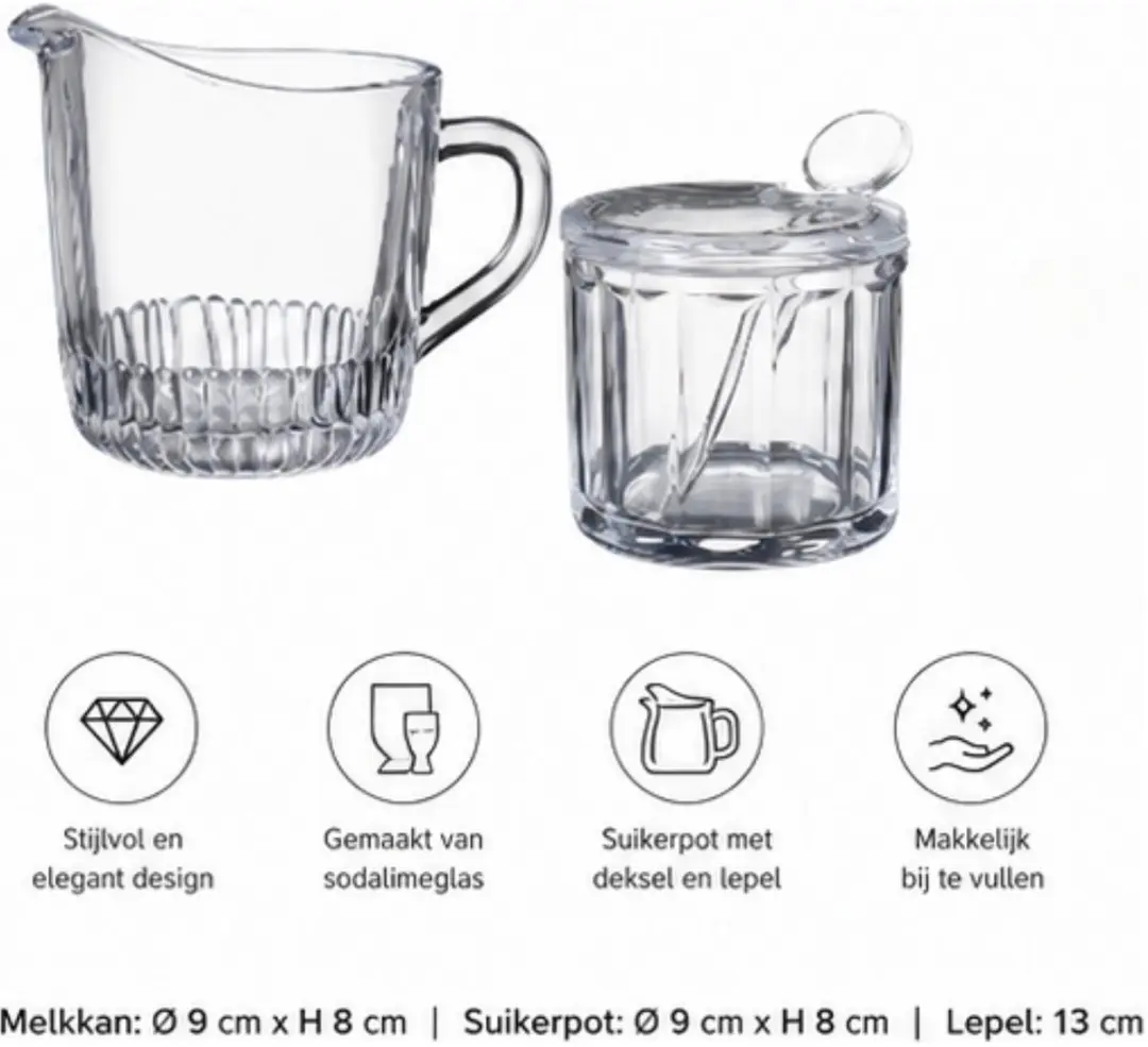 Excellent Houseware Melk- en Suikerpot Glas - Transparant 18x8cm - afbeelding 6 van 6