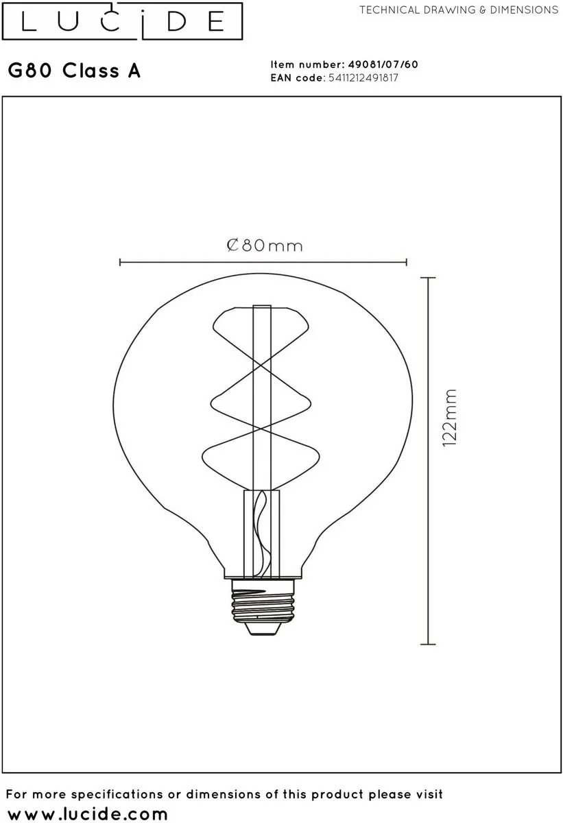 Lucide G80 Class A LED Lamp E27 7W 2700K - Ø8cm Transparant