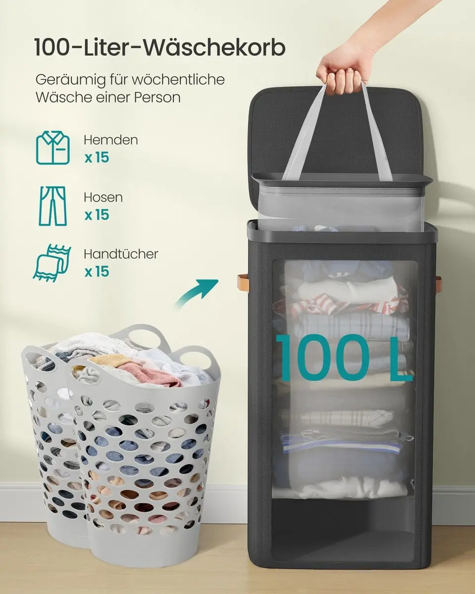 Songmics Wasmand 100L - Inktzwart - afbeelding 6 van 6