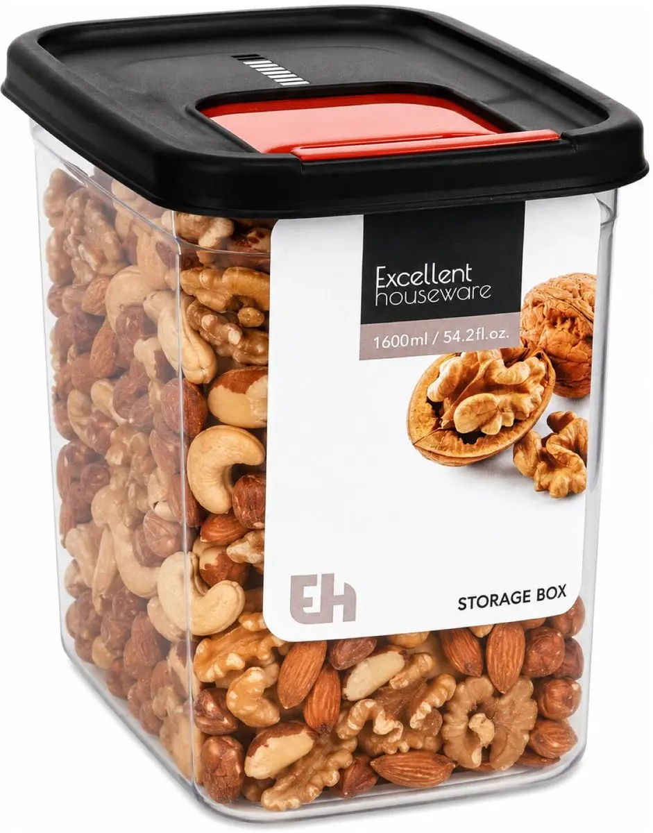 Excellent Houseware Voedselcontainer Strooibus 1600ml - 2 Stuks - Transparant/Zwart