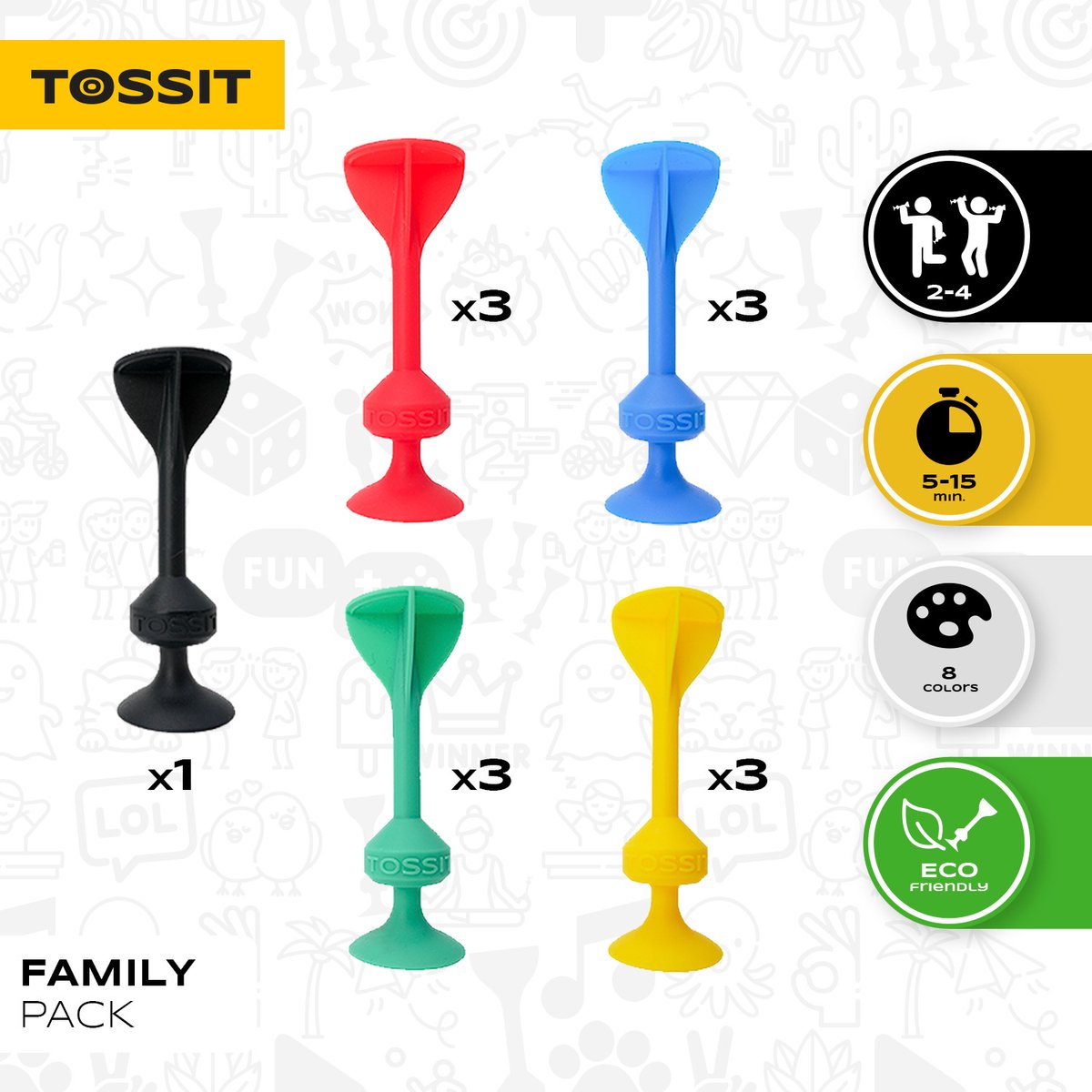 999 Games - Tossit - Family Pack - Darts - Petanque - HET LEVEN IS LEUK, JUST TOSS IT! - Voor binnen en buiten - Geavanceerde siliconen dart