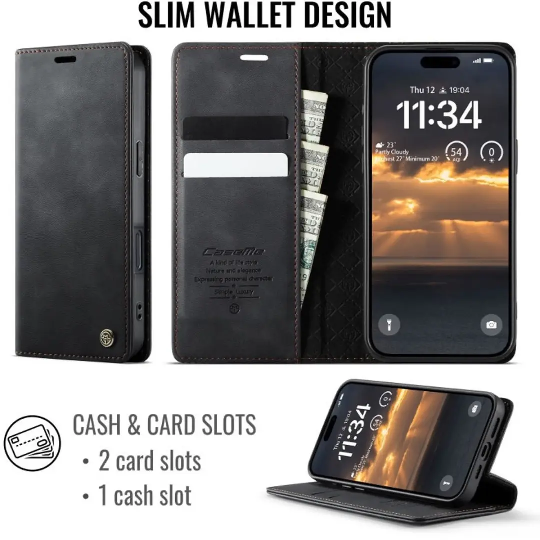 Caseme Wallet Book iPhone 17 Pro Max - PU Leer - 2 Pasjes - Zwart