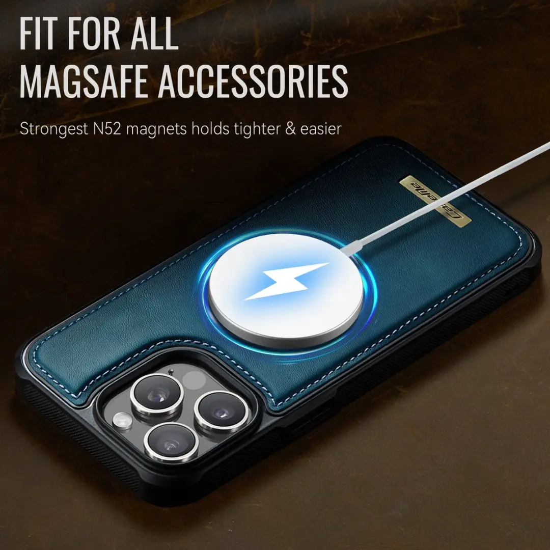 CaseMe C69 Leather Back Cover iPhone 15 Pro - MagSafe - Blauw - afbeelding 6 van 6