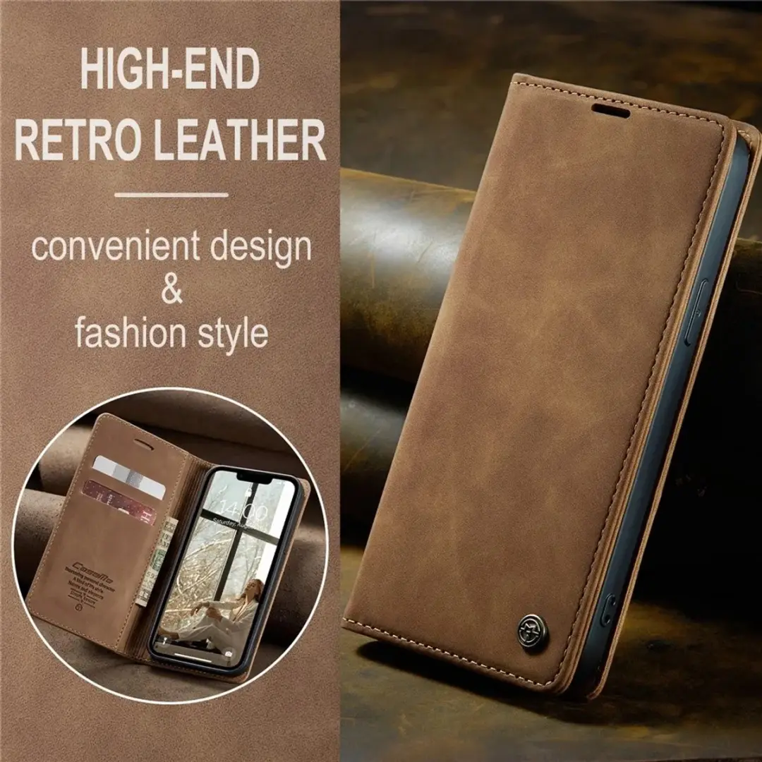 Caseme Retro Texture Book Wallet Hoesje iPhone 16e - Lichtbruin
